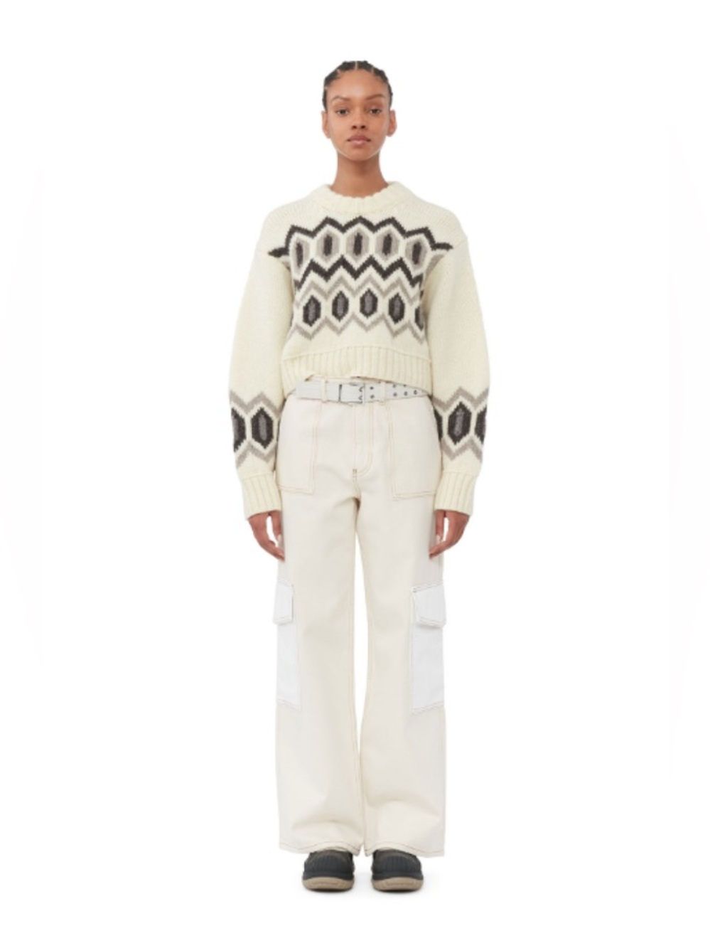 GANNI Ecru White Angi Cargo Denim Pant Jeans, Size 26
